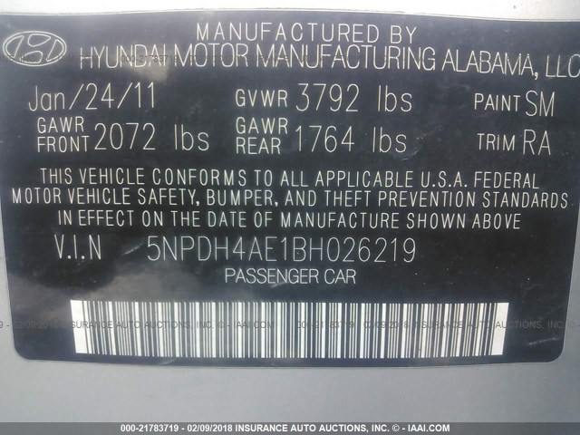 5NPDH4AE1BH026219 - 2011 HYUNDAI ELANTRA GLS/LIMITED SILVER photo 9