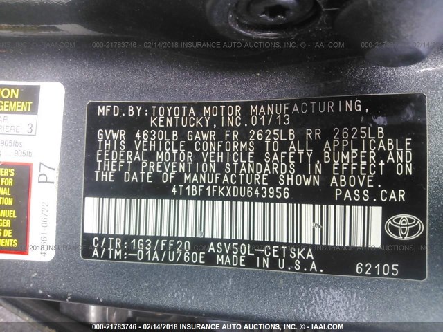 4T1BF1FKXDU643956 - 2013 TOYOTA CAMRY L/SE/LE/XLE 灰色 照片 9