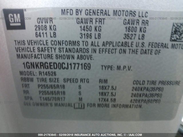 1GNKRGED0CJ177169 - 2012 CHEVROLET TRAVERSE LT SILVER photo 9