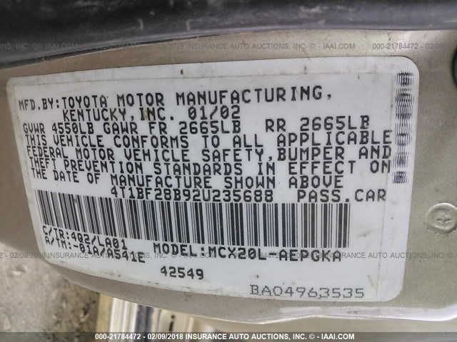 4T1BF28B92U235688 - 2002 TOYOTA AVALON XL/XLS TAN photo 9