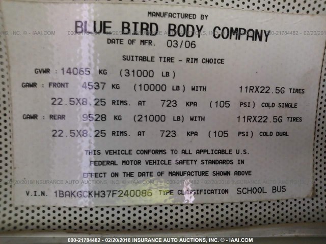 1BAKGCKH37F240086 - 2007 BLUE BIRD SCHOOL BUS / TRAN  YELLOW photo 9