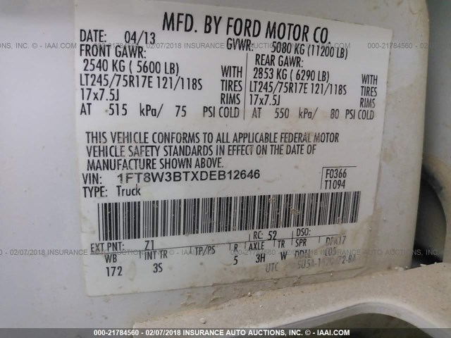 1FT8W3BTXDEB12646 - 2013 FORD F350 SUPER DUTY WHITE photo 9