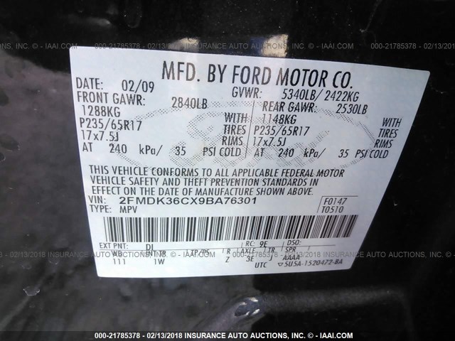 2FMDK36CX9BA76301 - 2009 FORD EDGE SE GRAY photo 9