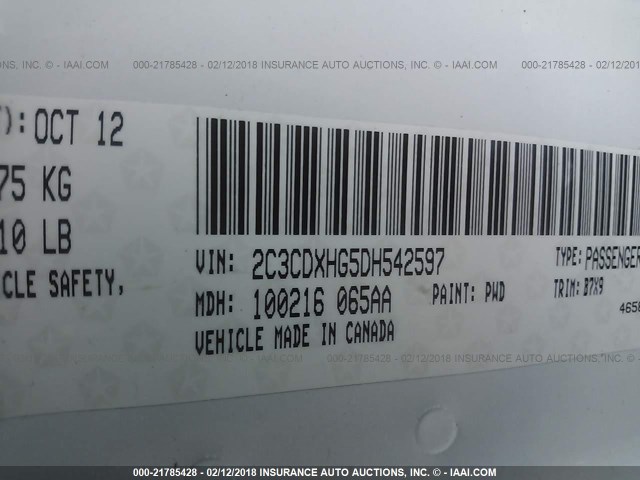 2C3CDXHG5DH542597 - 2013 DODGE CHARGER SXT WHITE photo 9