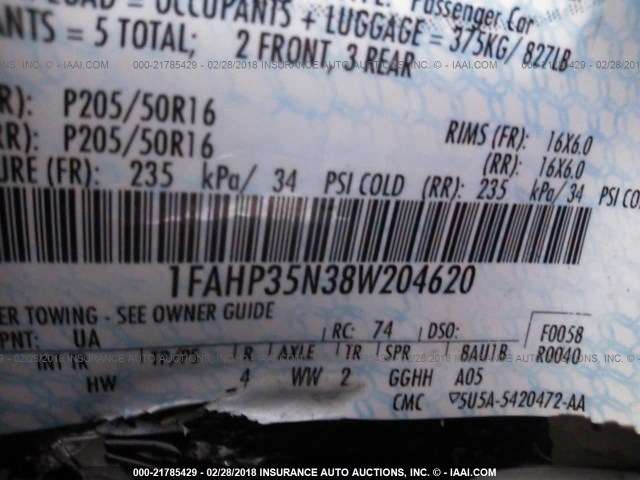 1FAHP35N38W204620 - 2008 FORD FOCUS SE/SEL/SES BLACK photo 9