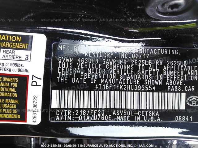 4T1BF1FK2HU393554 - 2017 TOYOTA CAMRY LE/XLE/SE/XSE BLACK photo 9