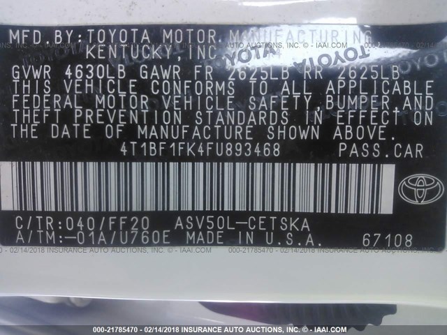 4T1BF1FK4FU893468 - 2015 TOYOTA CAMRY LE/XLE/SE/XSE Weiß Foto 9