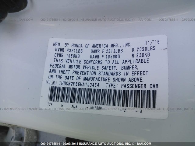 1HGCR2F56HA103464 - 2017 HONDA ACCORD SPORT WHITE photo 9