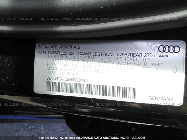 WAUHGAFC9FN030449 - 2015 AUDI A6 PRESTIGE შავი ფოტო 9