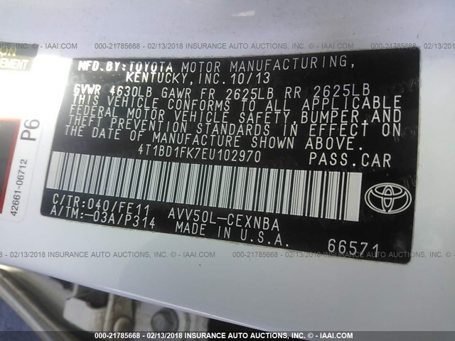 4T1BD1FK7EU102970 - 2014 TOYOTA CAMRY HYBRID/LE/XLE 白色 照片 9