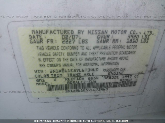 3N1AB61E57L673460 - 2007 NISSAN SENTRA 2.0/2.0S/2.0SL WHITE photo 9