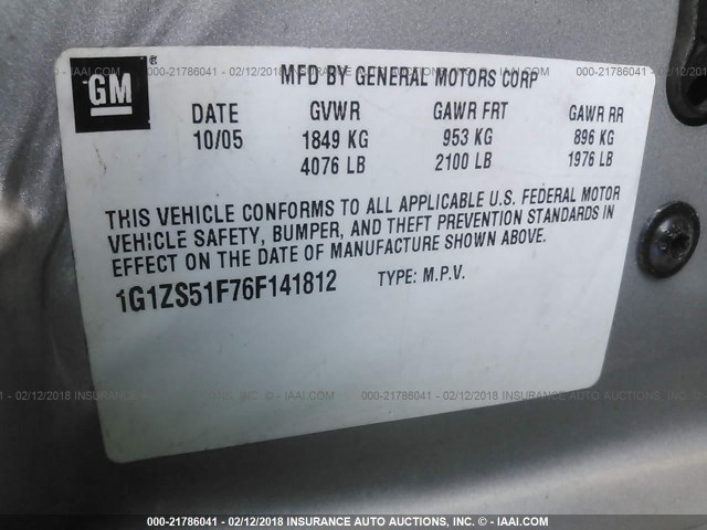 1G1ZS51F76F141812 - 2006 CHEVROLET MALIBU LS ვერცხლისფერი ფოტო 9