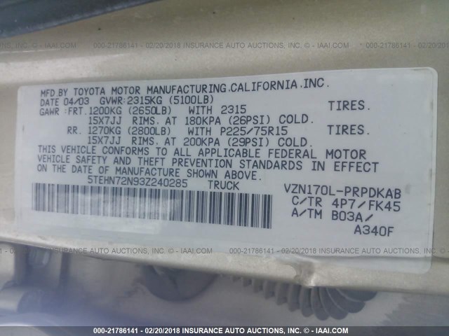 5TEHN72N93Z240285 - 2003 TOYOTA TACOMA DOUBLE CAB GOLD photo 9