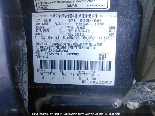 1FTSW21PX6ED63383 - 2006 FORD F250 SUPER DUTY BLUE photo 9