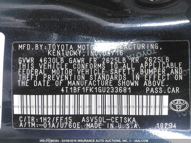 4T1BF1FK1GU233681 - 2016 TOYOTA CAMRY LE/XLE/SE/XSE შავი ფოტო 9