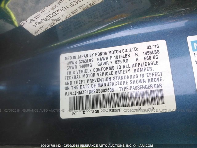 JHMZF1D62DS002805 - 2013 HONDA CR-Z EX BLUE photo 9