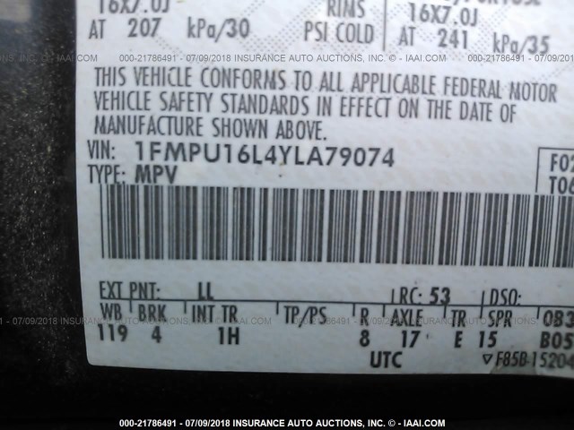1FMPU16L4YLA79074 - 2000 FORD EXPEDITION XLT BLUE photo 9