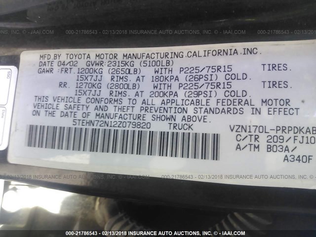 5TEHN72N12Z079820 - 2002 TOYOTA TACOMA DOUBLE CAB შავი ფოტო 9