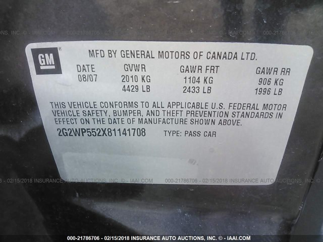 2G2WP552X81141708 - 2008 PONTIAC GRAND PRIX BLACK photo 9