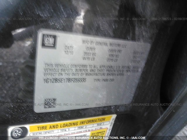 1G1ZB5E17BF259335 - 2011 CHEVROLET MALIBU LS 灰色 照片 9