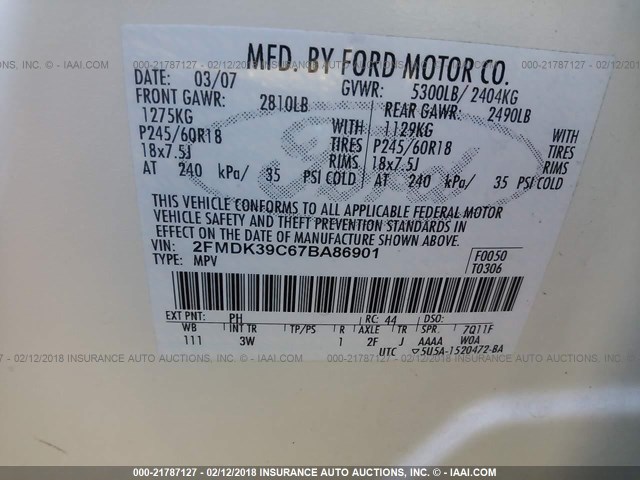 2FMDK39C67BA86901 - 2007 FORD EDGE SEL PLUS CREAM photo 9