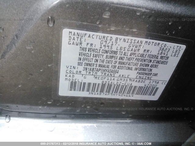 3N1AB7AP9HY404664 - 2017 NISSAN SENTRA S/SV/SR/SL GRAY photo 9