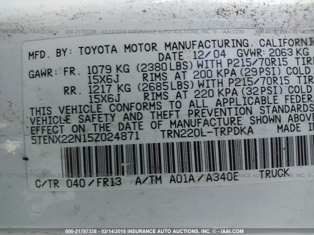 5TENX22N15Z024871 - 2005 TOYOTA TACOMA WHITE photo 9