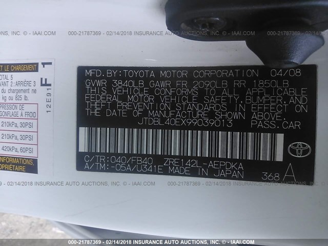 JTDBL40EX99039013 - 2009 TOYOTA COROLLA LE/XLE WHITE photo 9