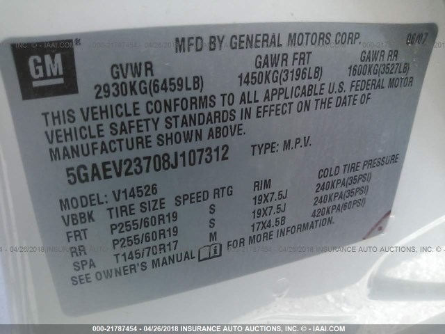 5GAEV23708J107312 - 2008 BUICK ENCLAVE CXL 白色 照片 9