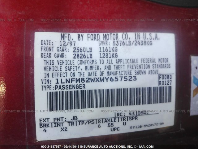 1LNFM82WXWY657523 - 1998 LINCOLN TOWN CAR SIGNATURE RED photo 9