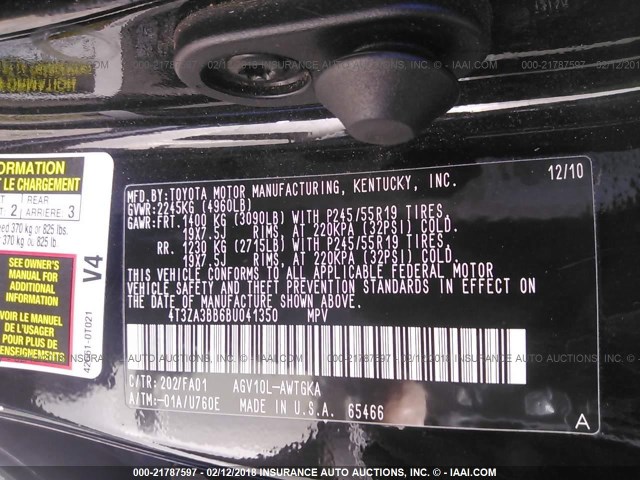 4T3ZA3BB6BU041350 - 2011 TOYOTA VENZA BLACK photo 9