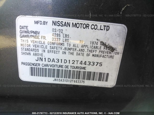 JN1DA31D12T443375 - 2002 NISSAN MAXIMA GLE/GXE/SE GRAY photo 9