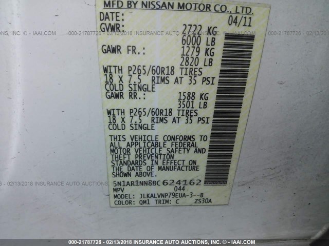 5N1AR1NN8BC624162 - 2011 NISSAN PATHFINDER S/LE/SE WHITE photo 9