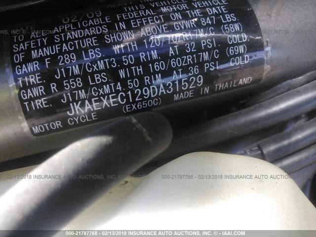 JKAEXEC129DA31529 - 2009 KAWASAKI EX650 C BLACK photo 10