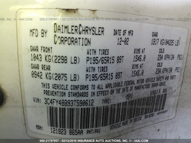 3C4FY48B93T590612 - 2003 CHRYSLER PT CRUISER CLASSIC 白色 照片 9