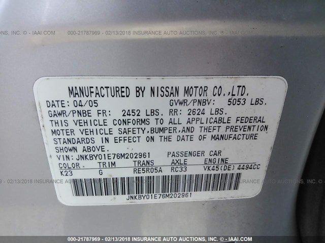 JNKBY01E76M202961 - 2006 INFINITI M45 SPORT SILVER photo 9