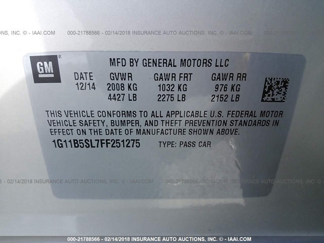 1G11B5SL7FF251275 - 2015 CHEVROLET MALIBU LS 金色 照片 9