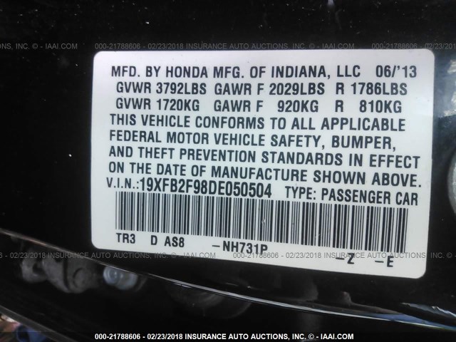 19XFB2F98DE050504 - 2013 HONDA CIVIC EXL BLACK photo 9
