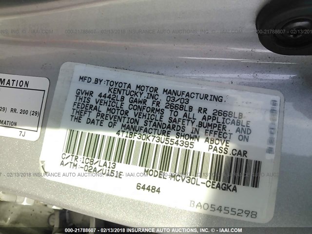 4T1BF30K73U554395 - 2003 TOYOTA CAMRY LE/XLE/SE ვერცხლისფერი ფოტო 9