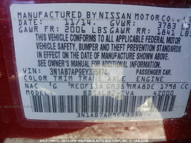 3N1AB7AP9EY335874 - 2014 NISSAN SENTRA S/SV/SR/SL RED photo 9