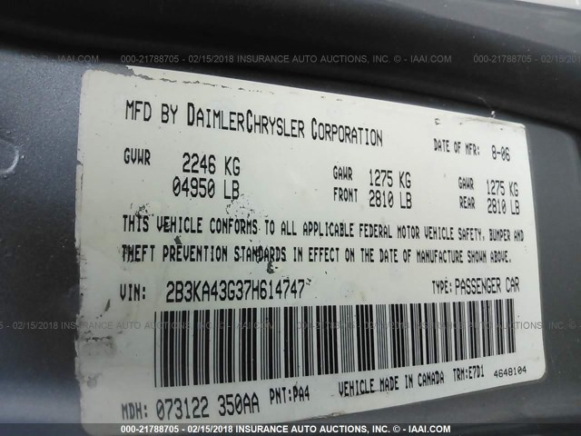 2B3KA43G37H614747 - 2007 DODGE CHARGER SE/SXT GRAY photo 9