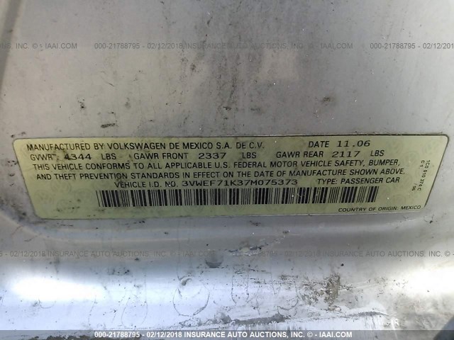 3VWEF71K37M075373 - 2007 VOLKSWAGEN JETTA WOLFSBURG 银色 照片 9