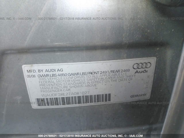 WAUDF78E27A081027 - 2007 AUDI A4 2.0T QUATTRO SILVER photo 9