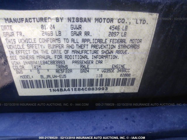 1N4BA41E84C883993 - 2004 NISSAN MAXIMA SE/SL BLUE photo 9