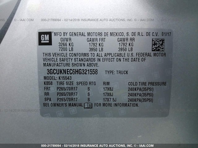 3GCUKNEC6HG321558 - 2017 CHEVROLET SILVERADO K1500/K1500 LS SILVER photo 9