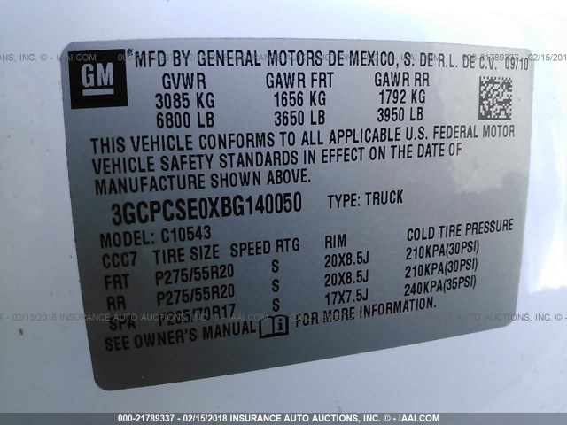 3GCPCSE0XBG140050 - 2011 CHEVROLET SILVERADO C1500 LT WHITE photo 9