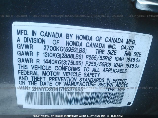 2HNYD28417H537695 - 2007 ACURA MDX TECHNOLOGY GRAY photo 9