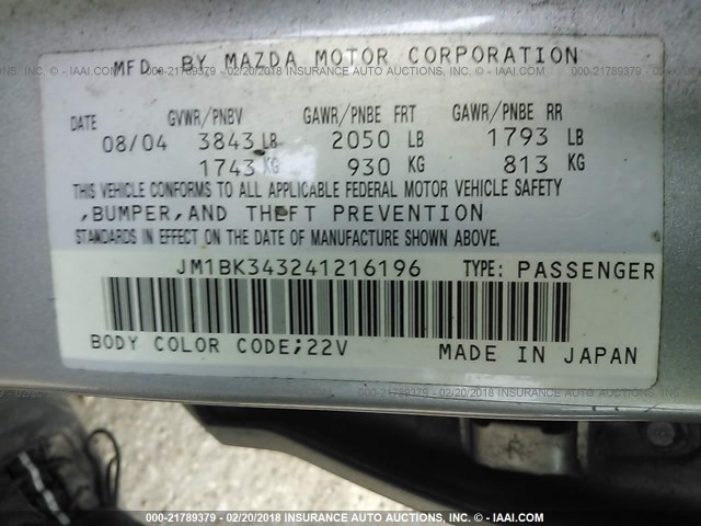 JM1BK343241216196 - 2004 MAZDA 3 HATCHBACK SILVER photo 9