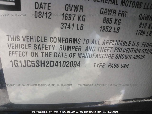 1G1JC5SH2D4102094 - 2013 CHEVROLET SONIC LT GRAY photo 9