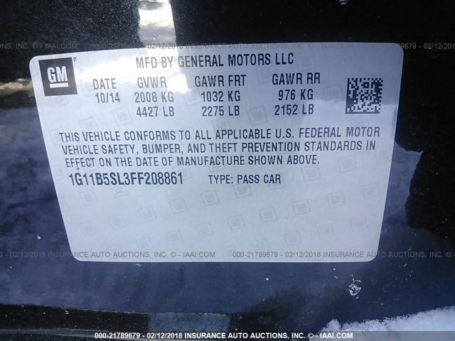 1G11B5SL3FF208861 - 2015 CHEVROLET MALIBU LS 黑色 照片 9